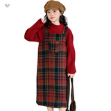 女童新款2025年秋冬大红色毛衣加圣诞格子背带裙女大童学院风毛衣，童装毛衣，祺儿童装