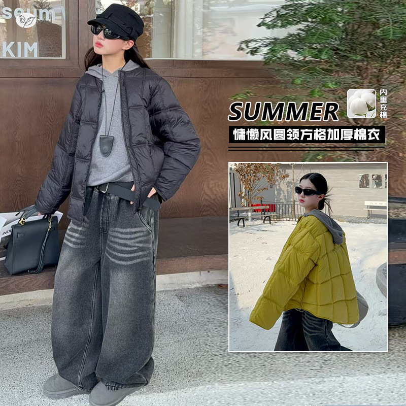 女童2025年冬季新款时尚圆领面包棉服连帽毛衣牛仔裤套装户外加厚，童装休闲套装，祺儿童装