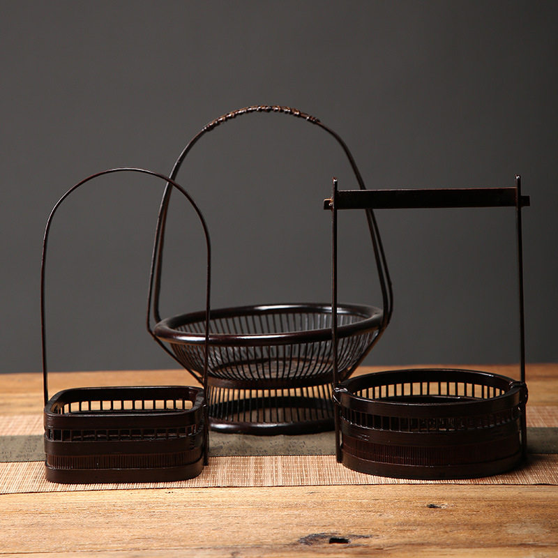 手工竹编日式大漆提手迷你果篮果盘藤编复古竹制插花篮花器小花架,特色手工艺,竹编/竹雕,淘宝优惠券,粉丝福利购,淘宝优惠卷