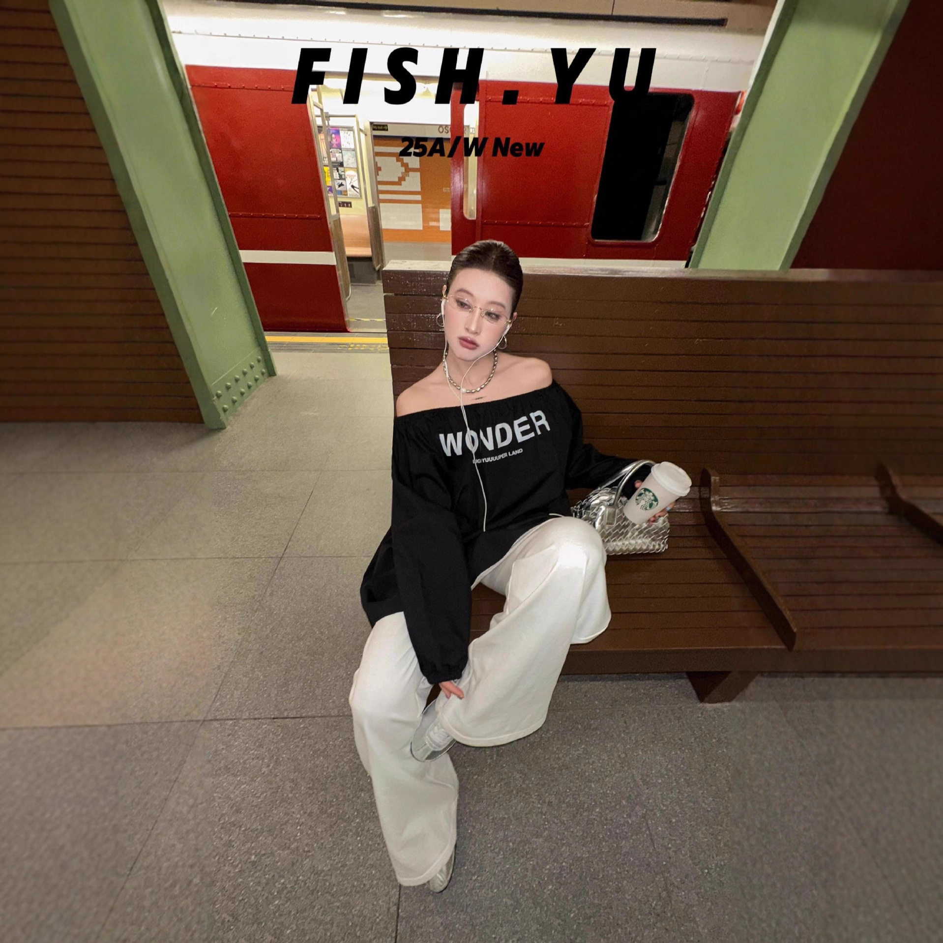 FISHYU早秋新款美式复古字母印花纯棉松紧一字领宽松衬衫裙连衣裙