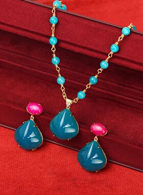 中古蓝色镀金耳钉项链套装小众设计简约精致通勤饰品轻奢级感女