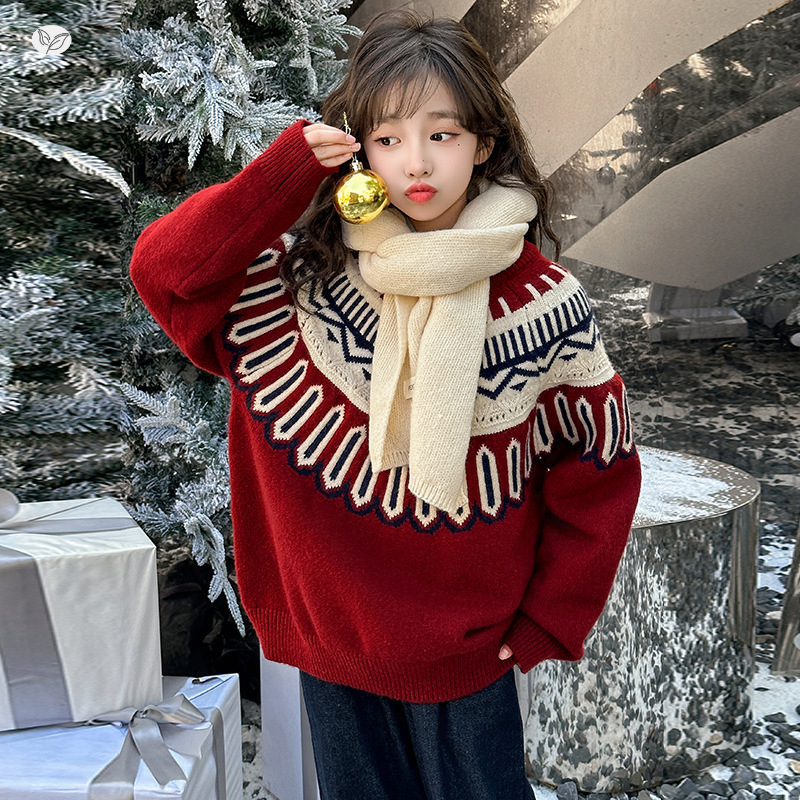 女童加厚毛衣2025年秋冬新款复古提花针织衫中大童撞色打底衫春秋，童装毛衣，祺儿童装