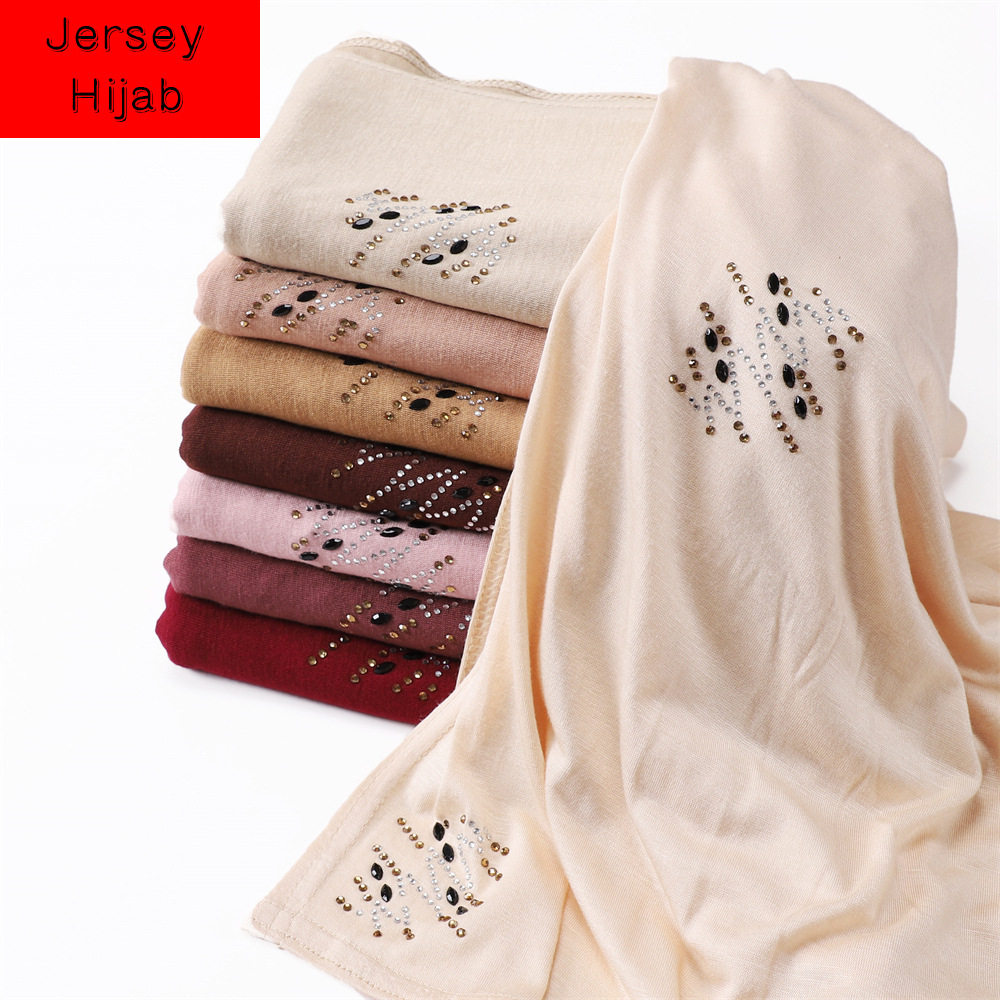 women scarf 弹性丝光棉烫钻长巾 新款色汗布 jersey头巾 穆斯林