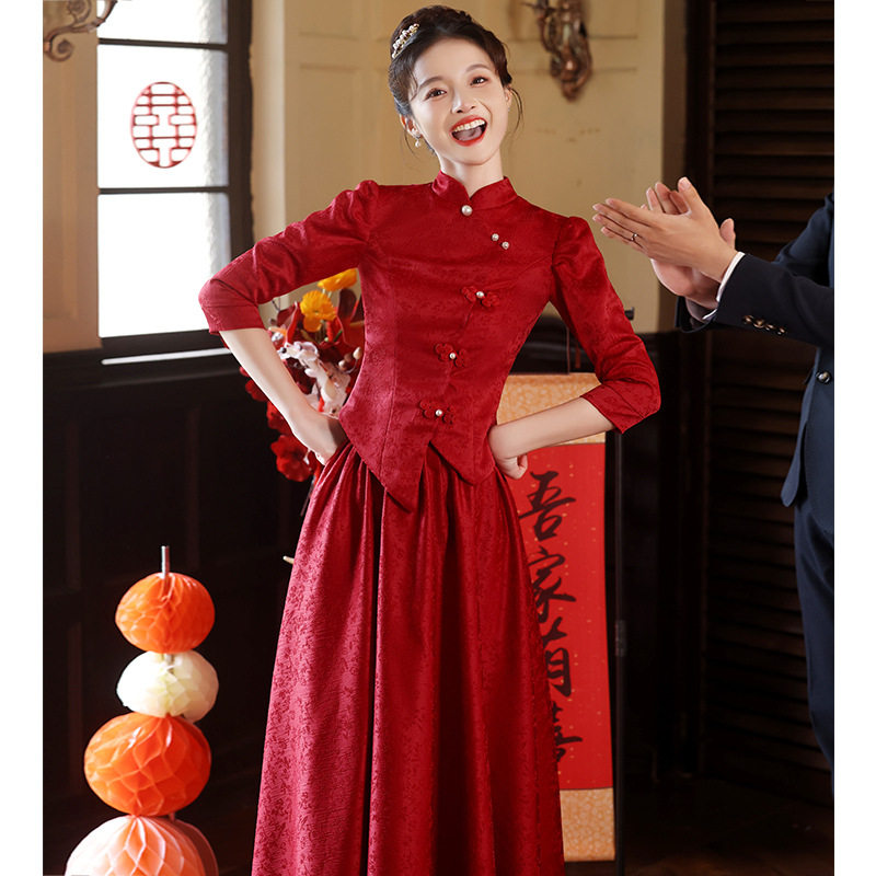 2026新款敬酒服新娘酒红色中式立领旗袍订婚礼服长款回门服套装
