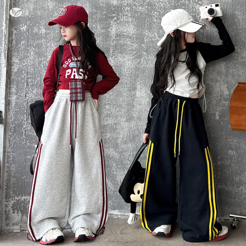女童阔腿裤套装2025秋季新款长袖T恤打底衫内搭直筒裤卫裤运动裤，童装休闲套装，祺儿童装