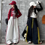 女童阔腿裤套装2025秋季新款长袖T恤打底衫内搭直筒裤卫裤运动裤，童装休闲套装，祺儿童装