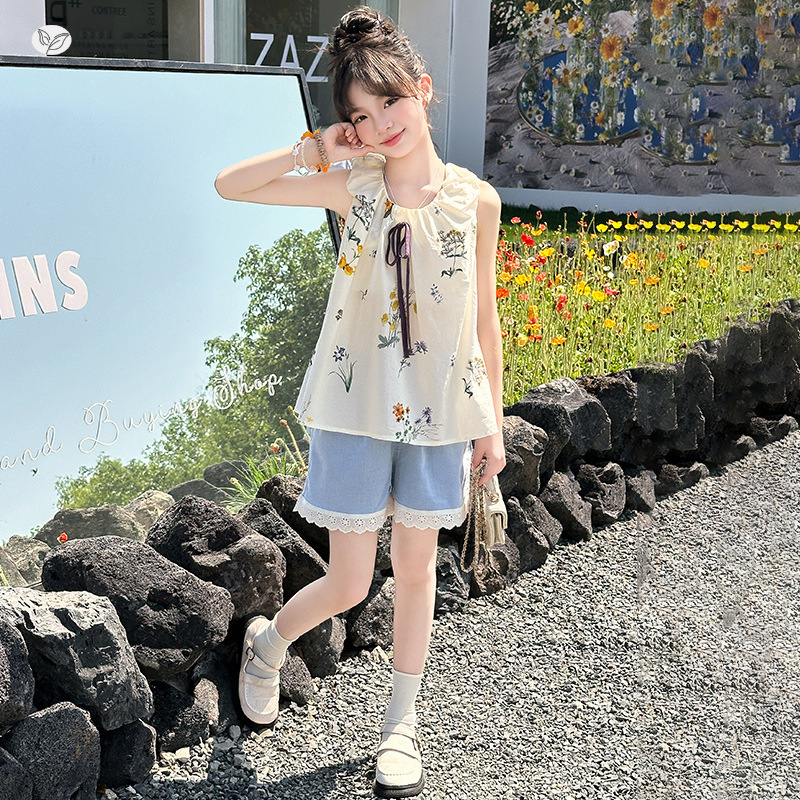 女童无袖套装2025夏季新款花朵背心短裤两件套中大童甜美花边裤子，童装休闲套装，祺儿童装