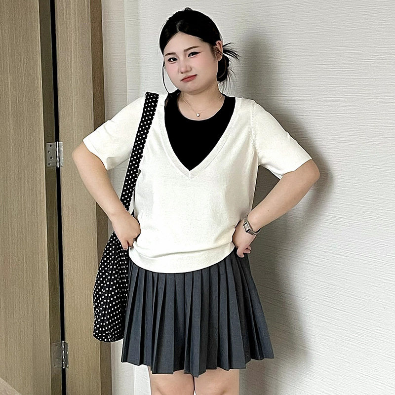 新款23793大码女装假两件上衣女撞色针织衫2026夏胖mm显瘦短袖t恤