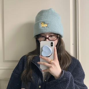 时尚 秋冬保暖雨衣小狗刺绣针织毛线帽子女韩系防寒显脸小套头帽