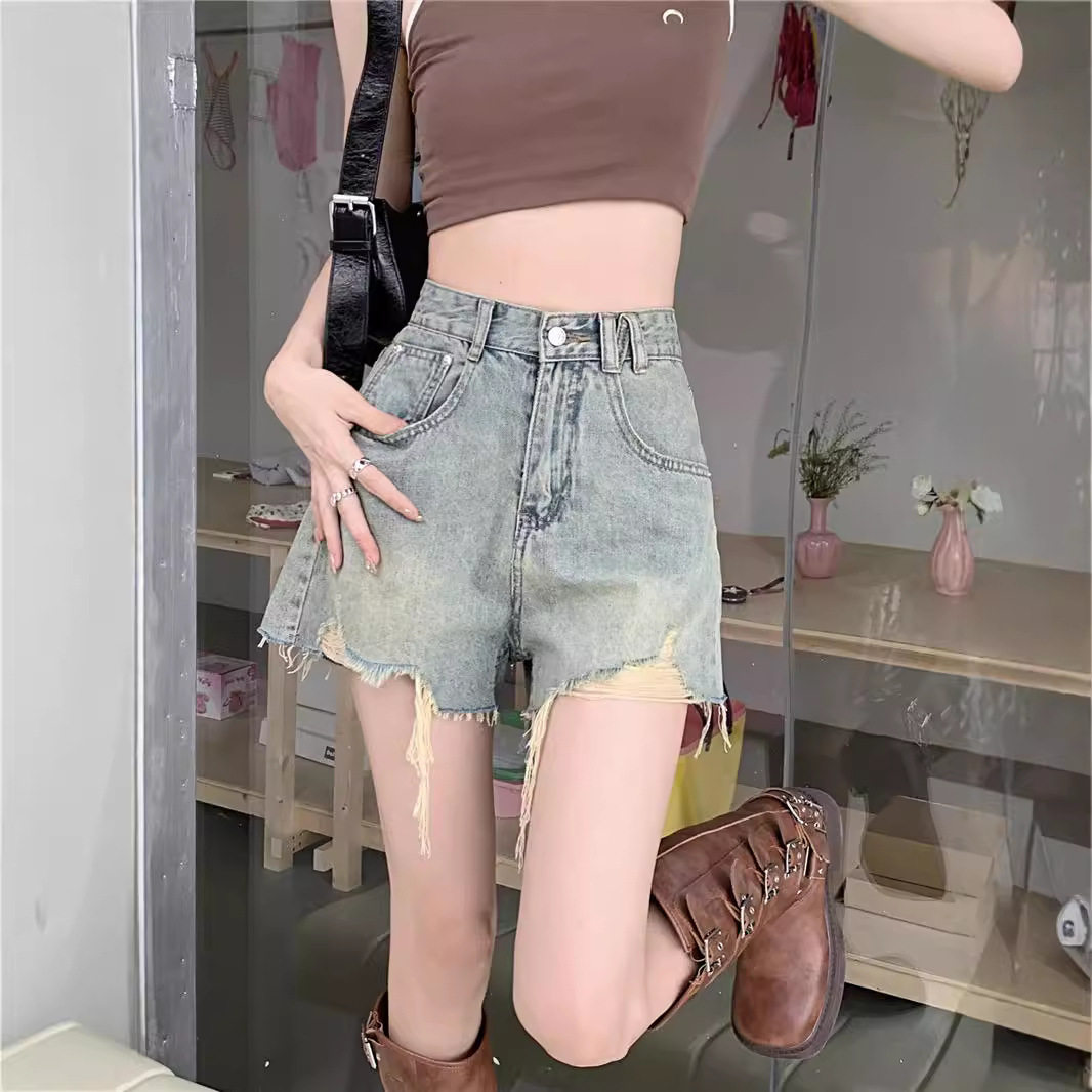 宽松薄款牛仔裤女装小个子夏季2023新款腰破洞A字阔腿短裤热裤
