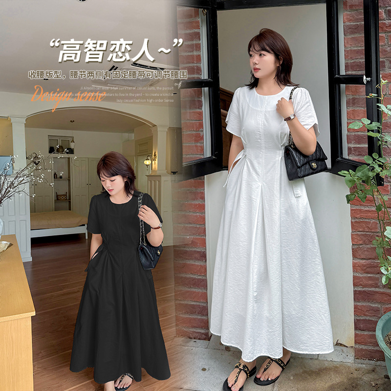 大码胖mm巨遮连衣裙夏季女收腰显瘦宽松200斤胖妹妹圆领长款裙子