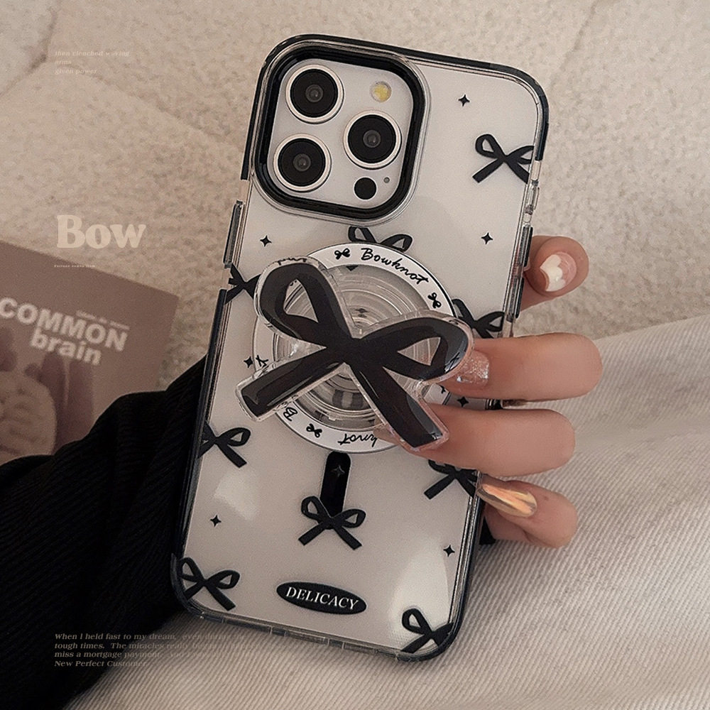 Black bow tie magnetic bracket clear case适用iphone 11 12 13 14 15 16 17 pro max