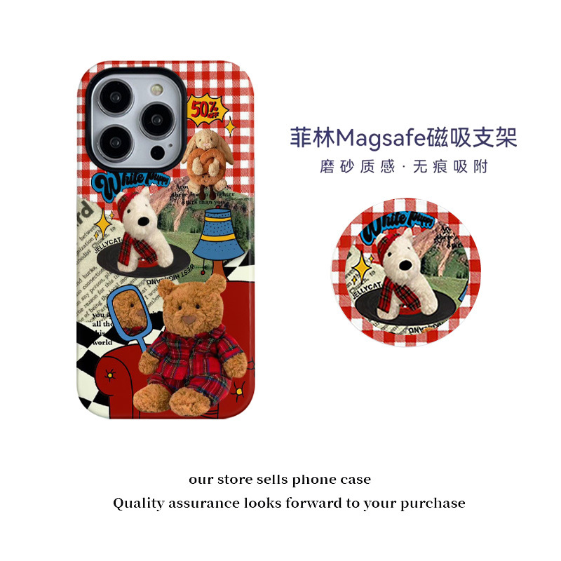 iphone17手机壳全包韩系ins风可爱格纹小熊玩偶狗15plus红色适用16promax绝美14磨砂苹果13硅胶12磁吸支架Air