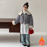 女童棉服外套2025年冬季新款中大童韩系格子棉衣短款面包服大翻领，童装棉衣，祺儿童装