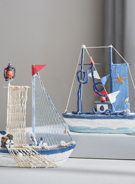 新品地中海家居饰品蓝白色经典帆船做旧风格手工艺品礼品新房摆设