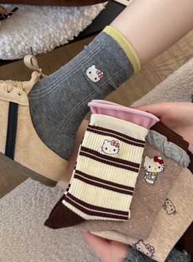 刺绣猫咪袜子女卡通可爱中筒袜甜美花边无骨堆堆袜咖色美拉德袜子