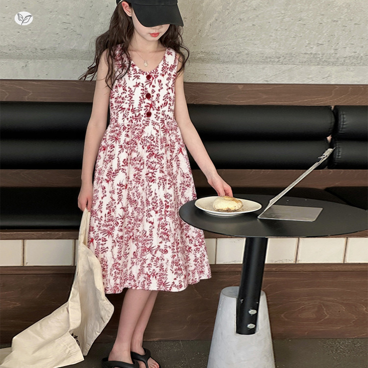 女童碎花连衣裙2025新款韩系中大童无袖公主裙夏季儿童夏款裙子潮，童装连衣裙，祺儿童装