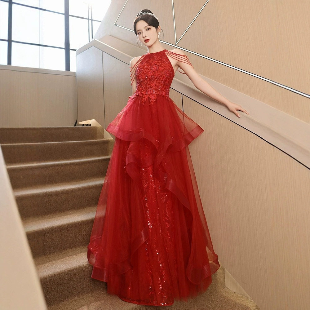 红色流苏敬酒新娘2026新款轻婚纱出门纱结婚订婚级感晚礼服裙女