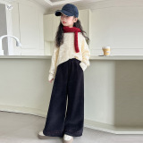 女童2025年秋冬新款脚口压线阔腿卫裤女大童户外小清新休闲直筒裤，童装裤子，祺儿童装