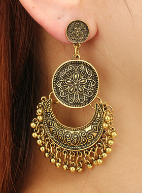 复古银流苏耳环月牙雕花铃铛jhumka earring耳坠旅游穿搭配饰品