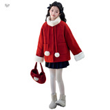 女童毛领呢子外套2025冬季新款夹棉加厚棉衣中大童红色新年服上衣，童装外套，祺儿童装