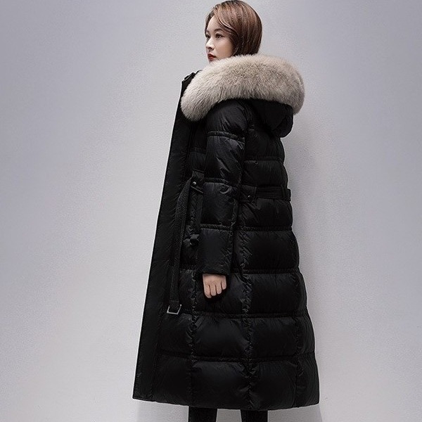 真毛领长款过膝厚羽绒