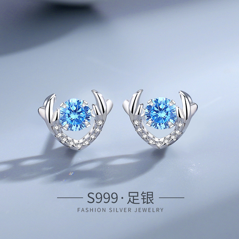 S999纯银灵动锆石耳饰女韩版百搭镂空鹿角蓝锆耳钉养耳洞耳棒发