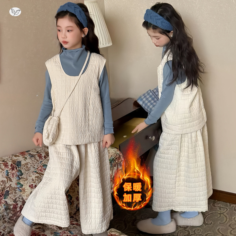 女童2025年秋冬年货新款韩系中大童航线马甲背心阔腿裤三件套套装，童装休闲套装，祺儿童装