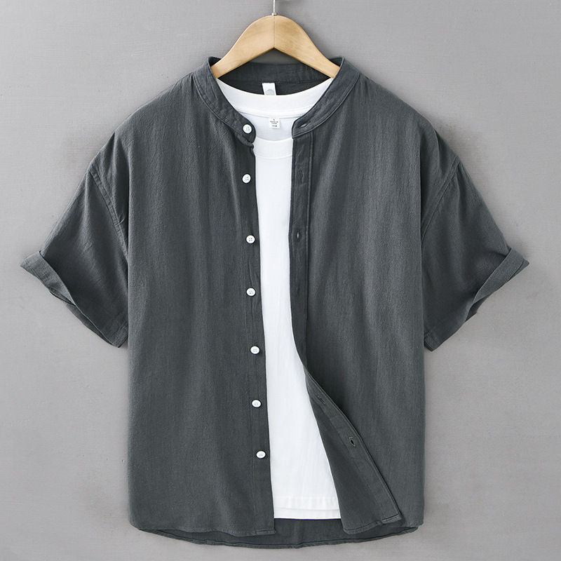 日系复古全棉短袖衬衫男休闲中华领低领无领上衣纯棉立领衬衣922