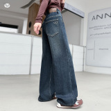 女童2025年冬季新款小清新后袋爱心刺绣牛仔裤女孩户外加绒阔腿裤，童装裤子，祺儿童装