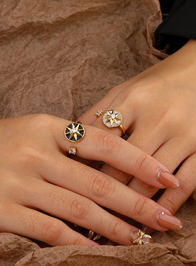 旋转罗盘八芒星食指戒指女925纯银春夏ins轻奢个性小众设计感指环