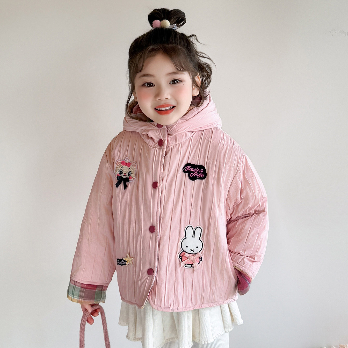 女童洋气冬季格子加厚棉衣女2025新款保暖棉服冬装两面穿休闲P99，童装棉衣，祺妙童装