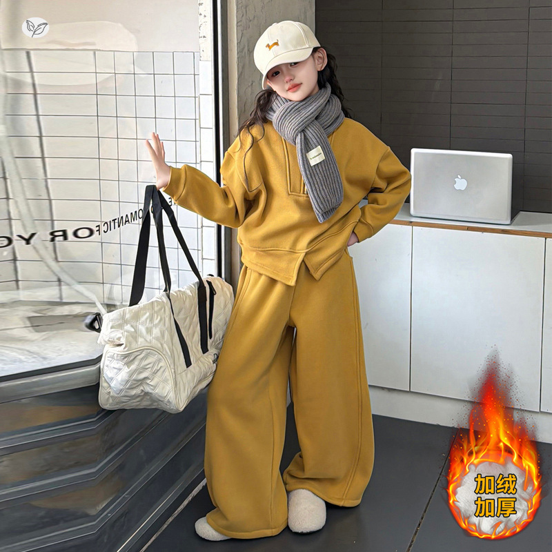 女童2025年秋冬新款半拉链立领卫衣套装女大童韩系两件套气质穿搭，童装休闲套装，祺儿童装