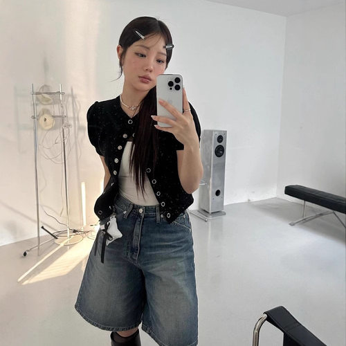 letter from moon现26款韩国东大门轻薄短款泡泡袖短袖针织开衫