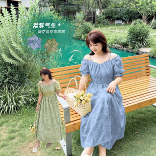 大码女装气质长款提花度假风沙滩吊带裙一字肩连衣裙胖妹妹裙子潮