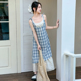 女童蓝色格子吊带裙连衣裙2025新款夏季假两件海边穿搭度假长裙子，商品下架区，祺儿童装