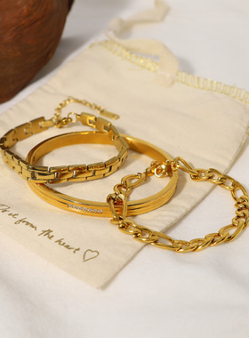 INS风女钛钢手镯18K镀金钛钢表带链手环组合套装锆石手链