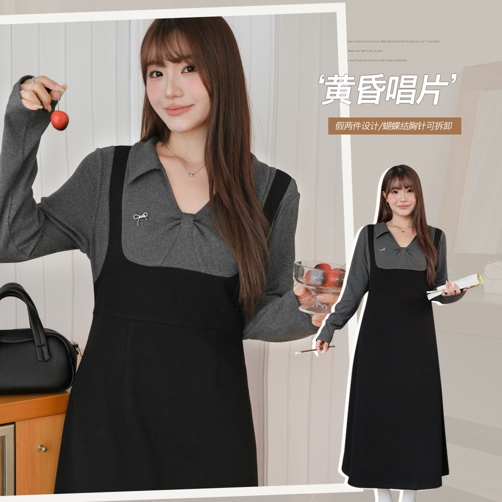 气质假两件正肩撞色蝴蝶结加厚连衣裙胖mm大码女装遮肉显瘦裙子潮