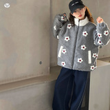 女童2025年冬季新款可爱花朵立领毛毛衣外套修身阔腿牛仔裤套装潮，童装休闲套装，祺儿童装