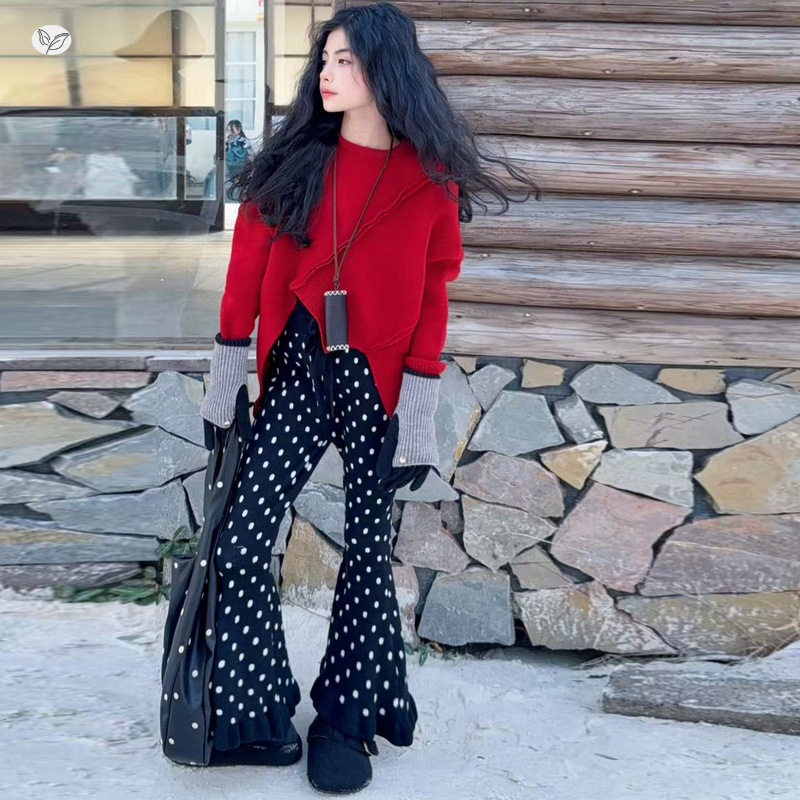 女童2025年春秋新款不规则拼块年货毛衣波点毛线裤子女大童新春潮，童装毛衣，祺儿童装