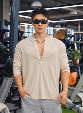男士肌肉运动半扣V领健身长袖篮球跑步训练纯色显大弹力运动T恤