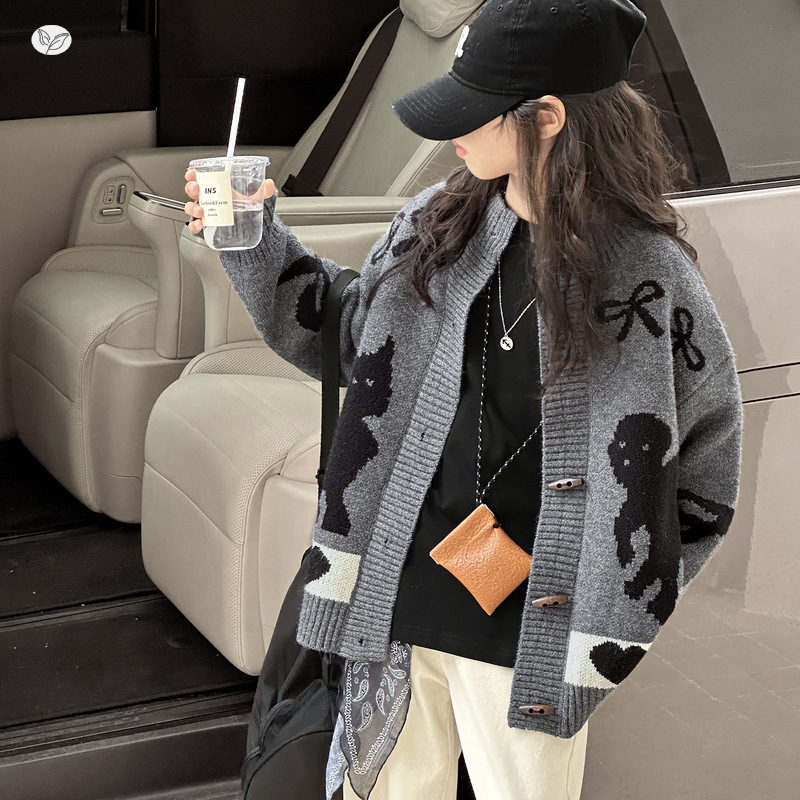 女童加厚毛衣外套2025年秋冬新款中大童卡通刺绣针织开衫撞色上衣，童装毛衣，祺儿童装