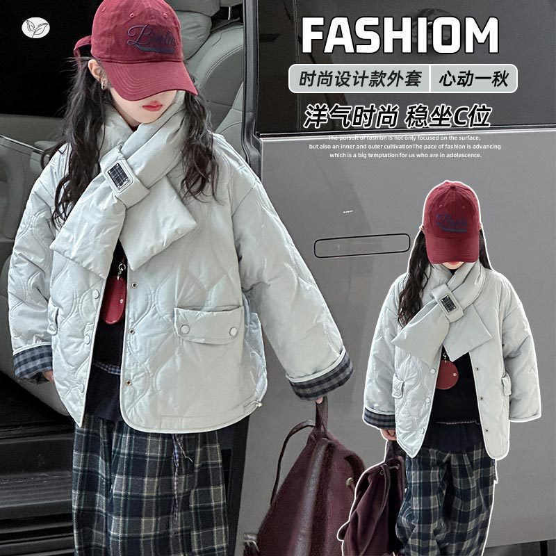 女童夹棉短款外套2025年秋冬新款中大童格子拼接双面穿棉服轻薄款，童装棉衣，祺儿童装