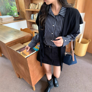 衬衫 黄峥 长袖 复古休闲撞色条纹衬衣扣子开衫 女145CY822 韩版