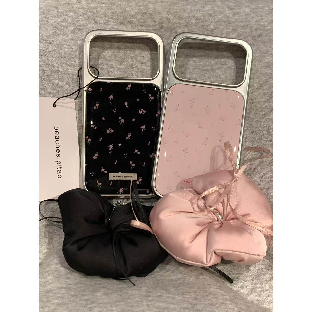 小清新少女电镀碎花粉黑丝绒挂绳适用于17pro16151413防摔壳女壳
