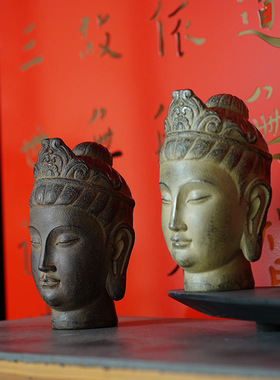 复古佛头摆件禅意书房茶室桌面装饰别墅花园庭院造景树脂工艺品