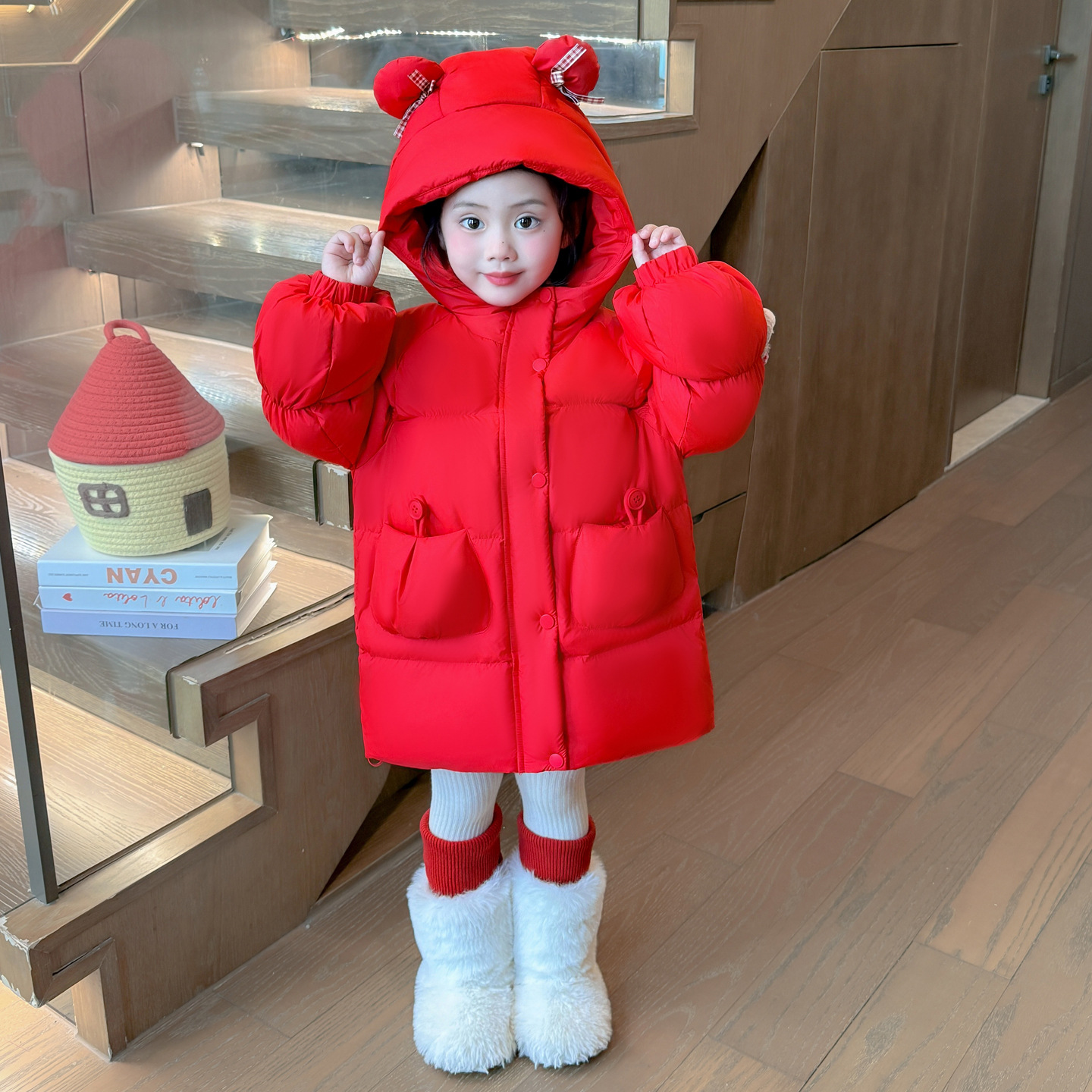 女童红色棉衣冬加厚中长款儿童棉服2025新款洋气夹棉外套棉袄P120，童装棉衣，祺妙童装