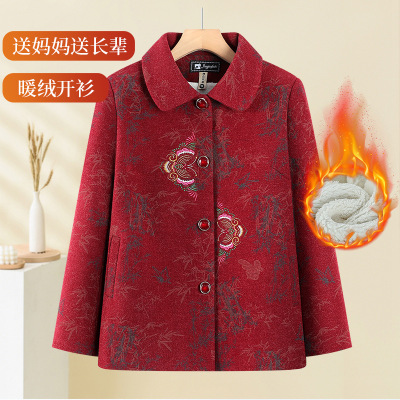 中老年人奶奶冬装红色加绒外套60岁70岁老太太新款上衣妈妈厚外套