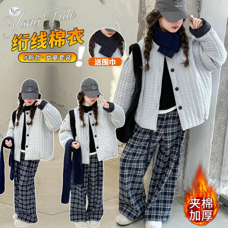 女童夹棉外套2025年秋冬新款中大童纯色休闲短款棉服外出保暖棉衣，童装外套，祺儿童装