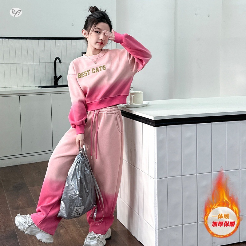 女童2025年秋冬新款英文字母印花吊染卫衣卫裤套装女大童冬季加绒，童装休闲套装，祺儿童装